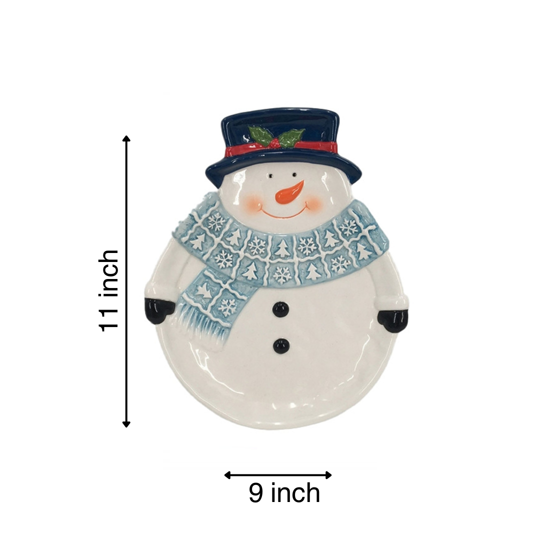 Snowman plate ceramic 11" X 9" X 1.25" Blue