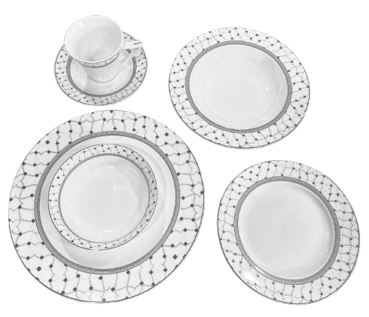 Dinnerware 24 Piece Set, Service for 4, Atlas Platinum Collection by Success Bone China, Light weight, Extra white Body, Extra strong, chip resistant